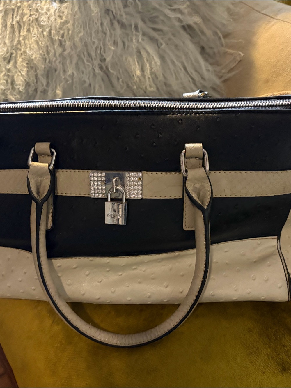 Guess Black and Cream Satchel with Crystal Padlock Accent